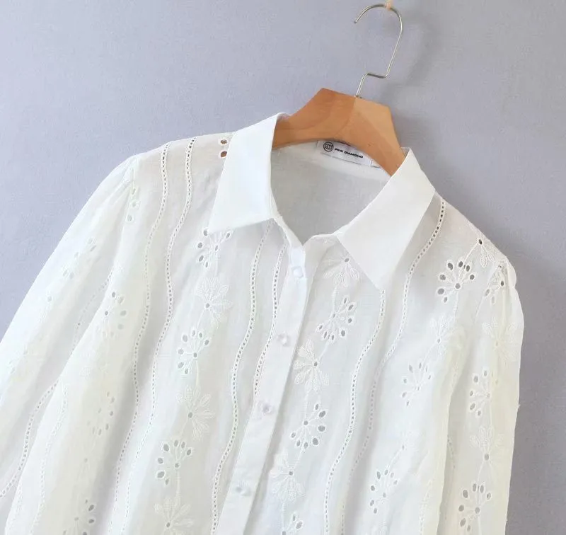 Floral Embroidery Single-breasted Hollow-out Shirts Blouse