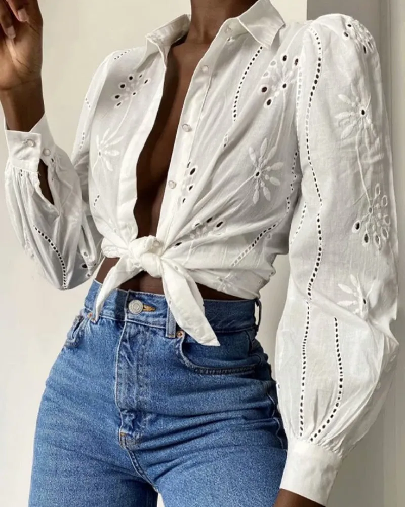 Floral Embroidery Single-breasted Hollow-out Shirts Blouse