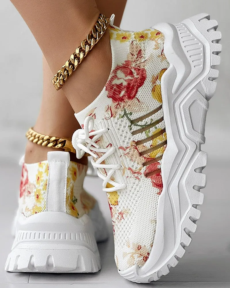 Floral Print Lace up Breathable Slip On Sneakers