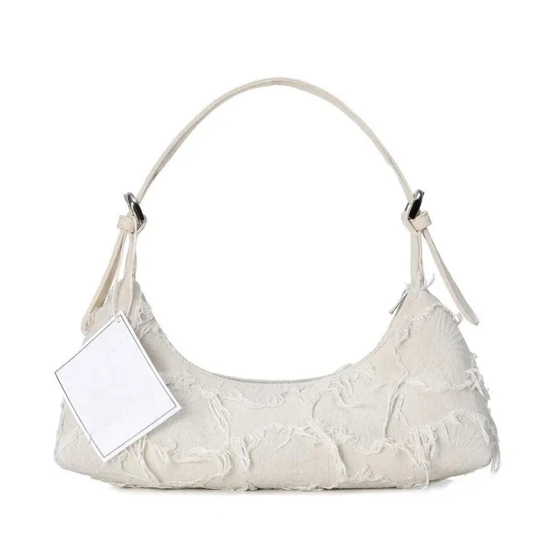 Frayed Canvas Mini Baguette Bag - Fashion Shoulder Bag Canvas Underarm Purse