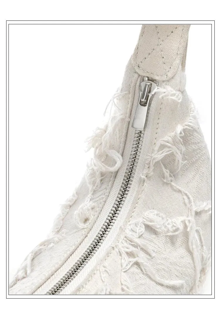 Frayed Canvas Mini Baguette Bag - Fashion Shoulder Bag Canvas Underarm Purse