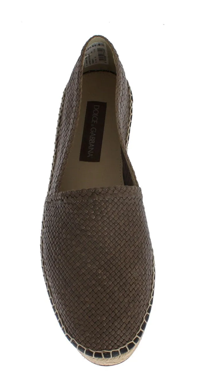 Gray Leather Woven Loafers Espadrilles