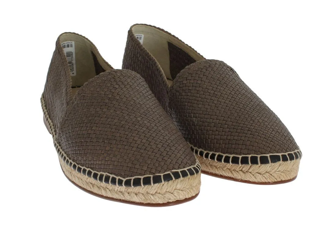 Gray Leather Woven Loafers Espadrilles