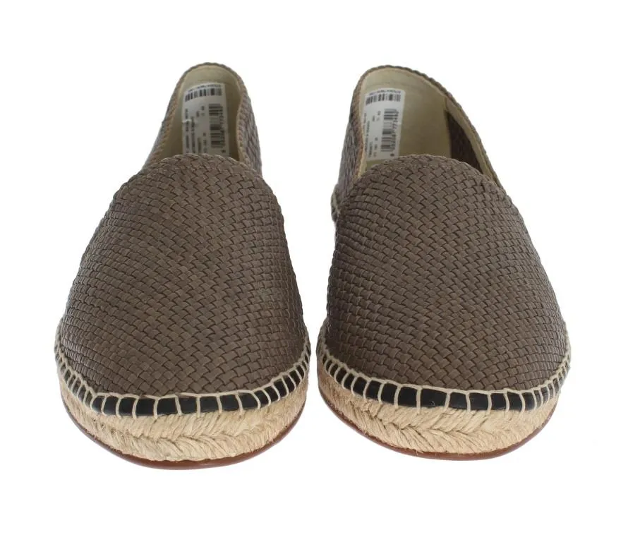 Gray Leather Woven Loafers Espadrilles