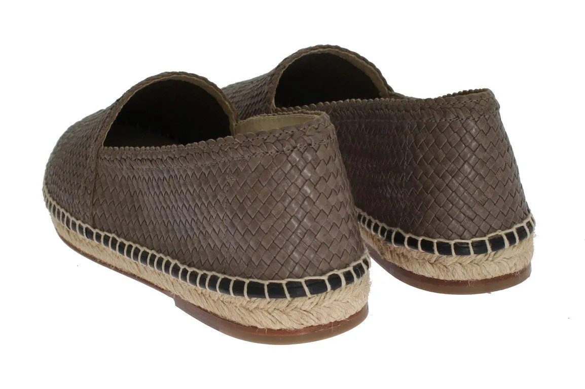 Gray Leather Woven Loafers Espadrilles