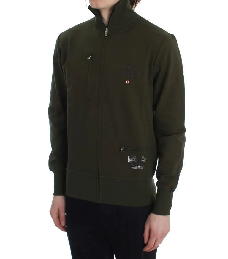 Green Cotton Stretch Full Zipper Sweater