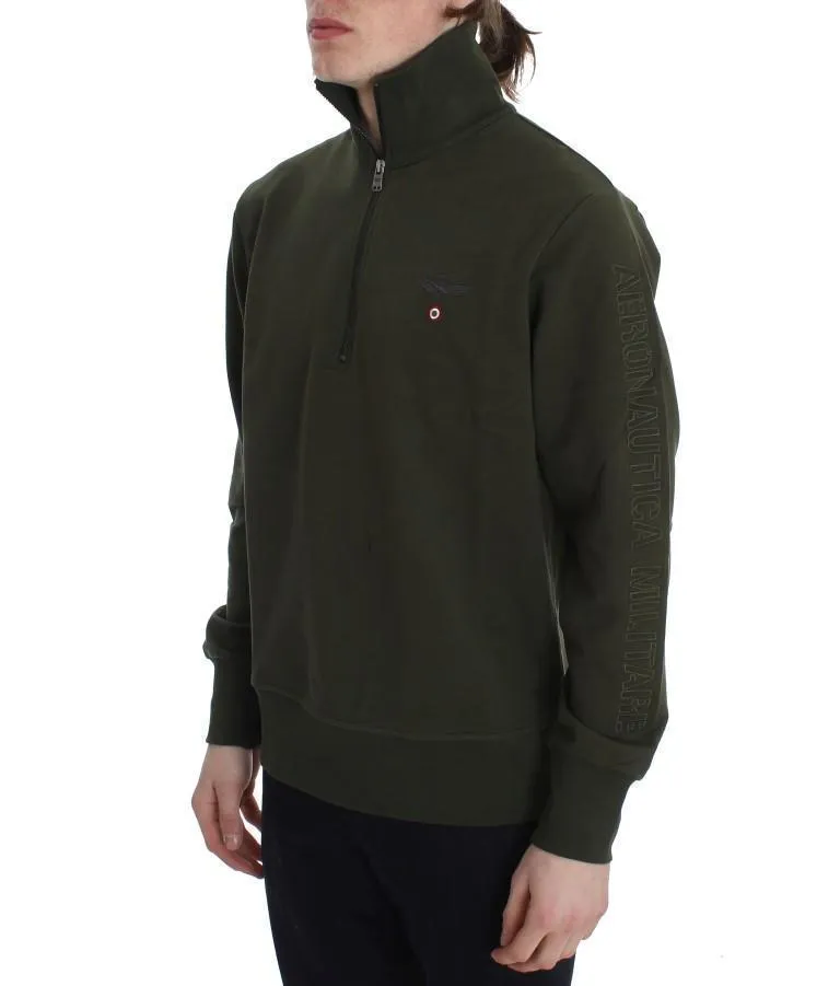 Green Cotton Stretch Half Zipper Sweater