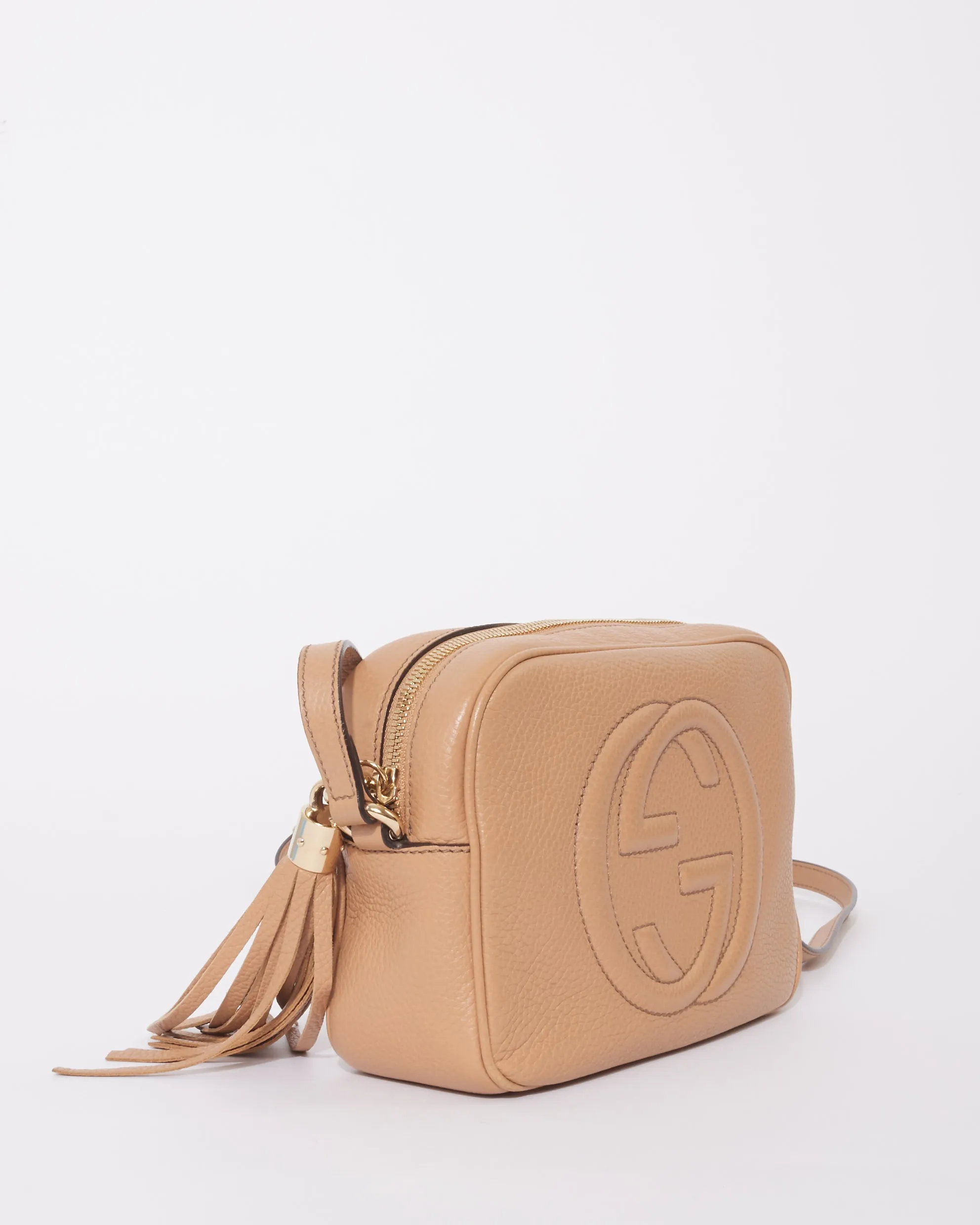 Gucci Beige Leather Embossed Logo Soho Disco Crossbody Bag