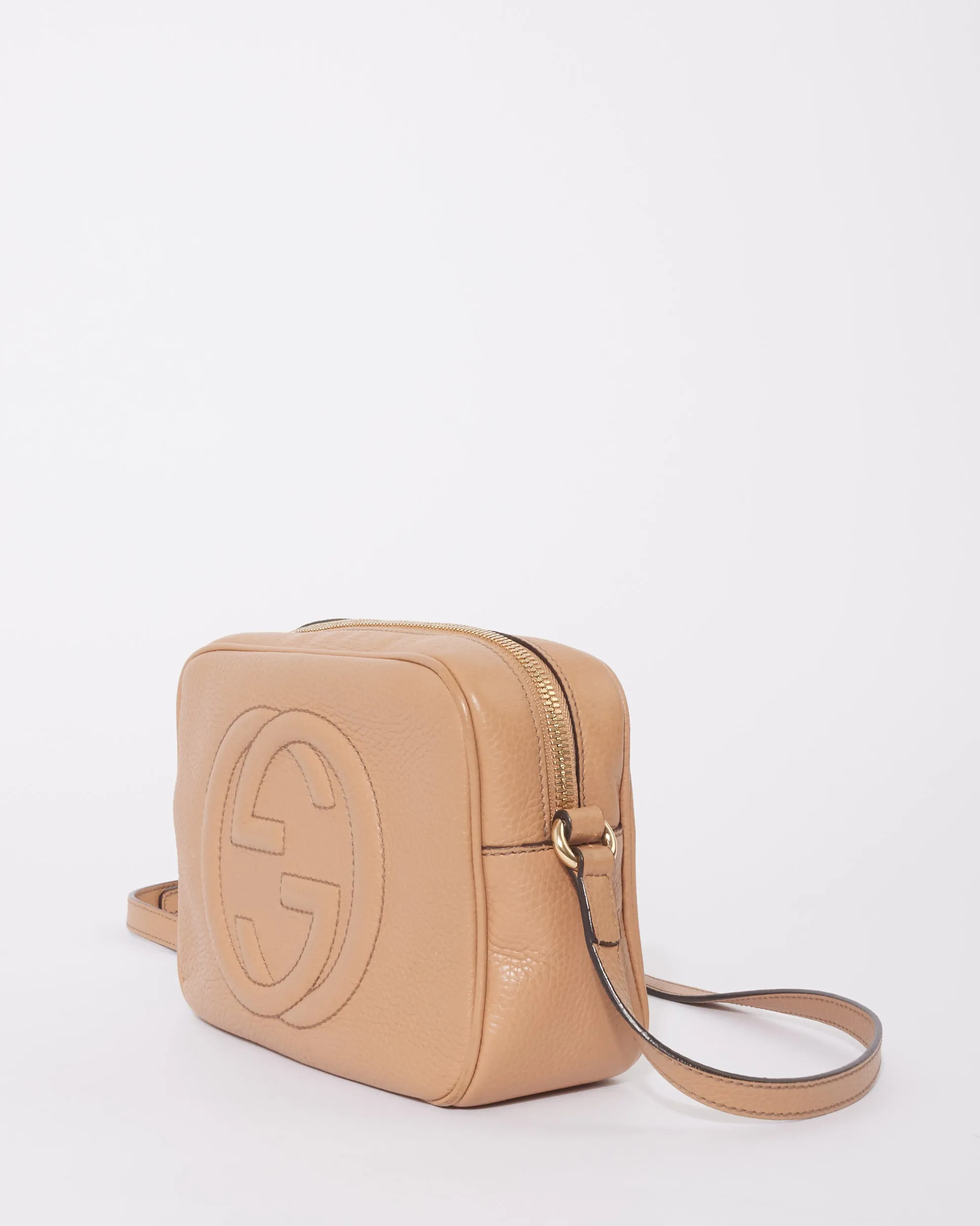 Gucci Beige Leather Embossed Logo Soho Disco Crossbody Bag