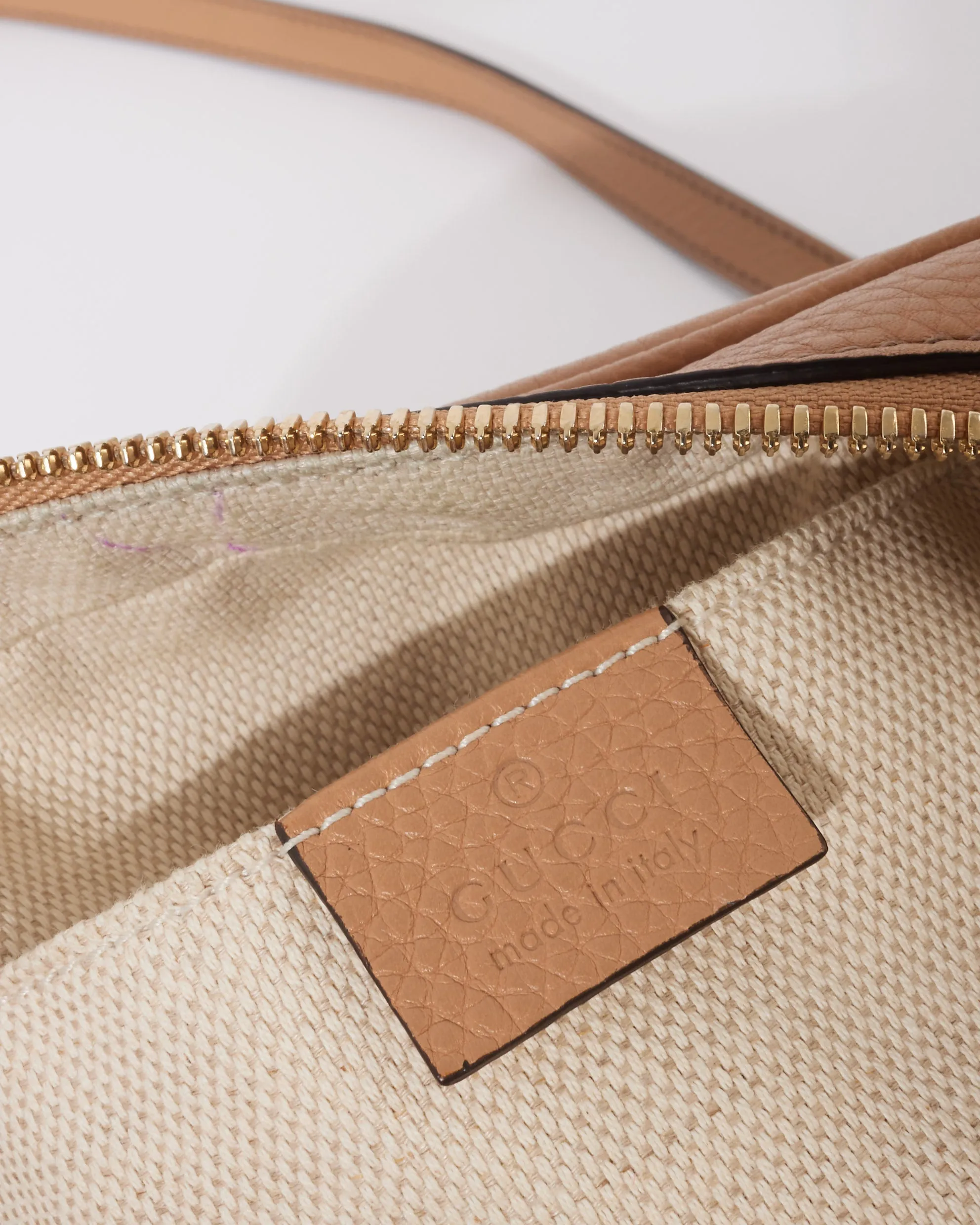 Gucci Beige Leather Embossed Logo Soho Disco Crossbody Bag