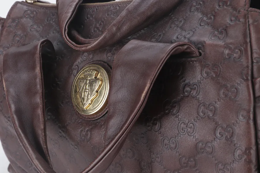 GUCCI BROWN MONOGRAM LEATHER D RING HAND CARRY BAG (197021 467891) WITH DUST COVER