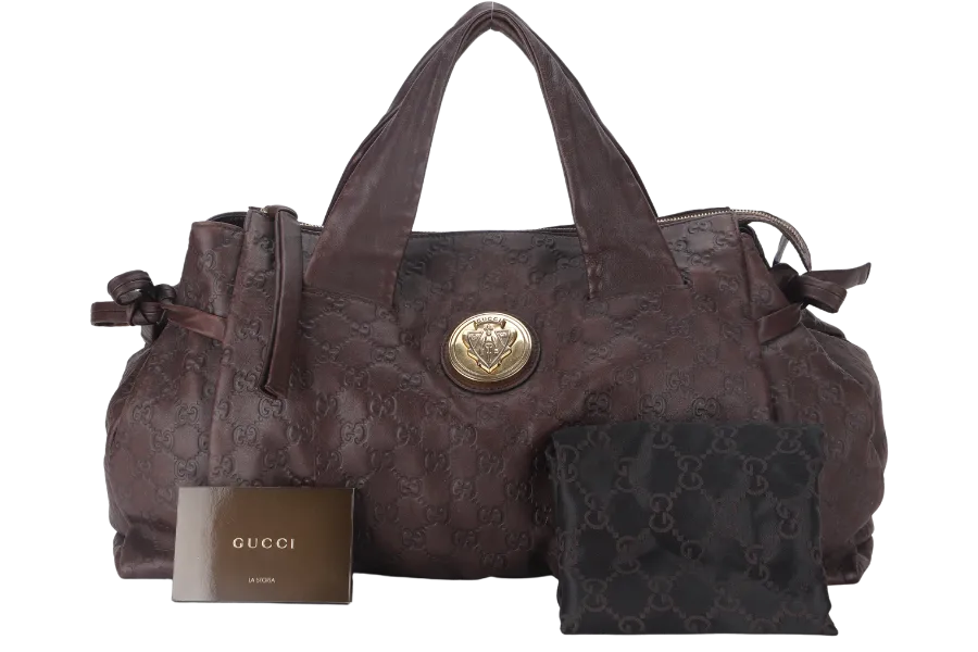 GUCCI BROWN MONOGRAM LEATHER D RING HAND CARRY BAG (197021 467891) WITH DUST COVER