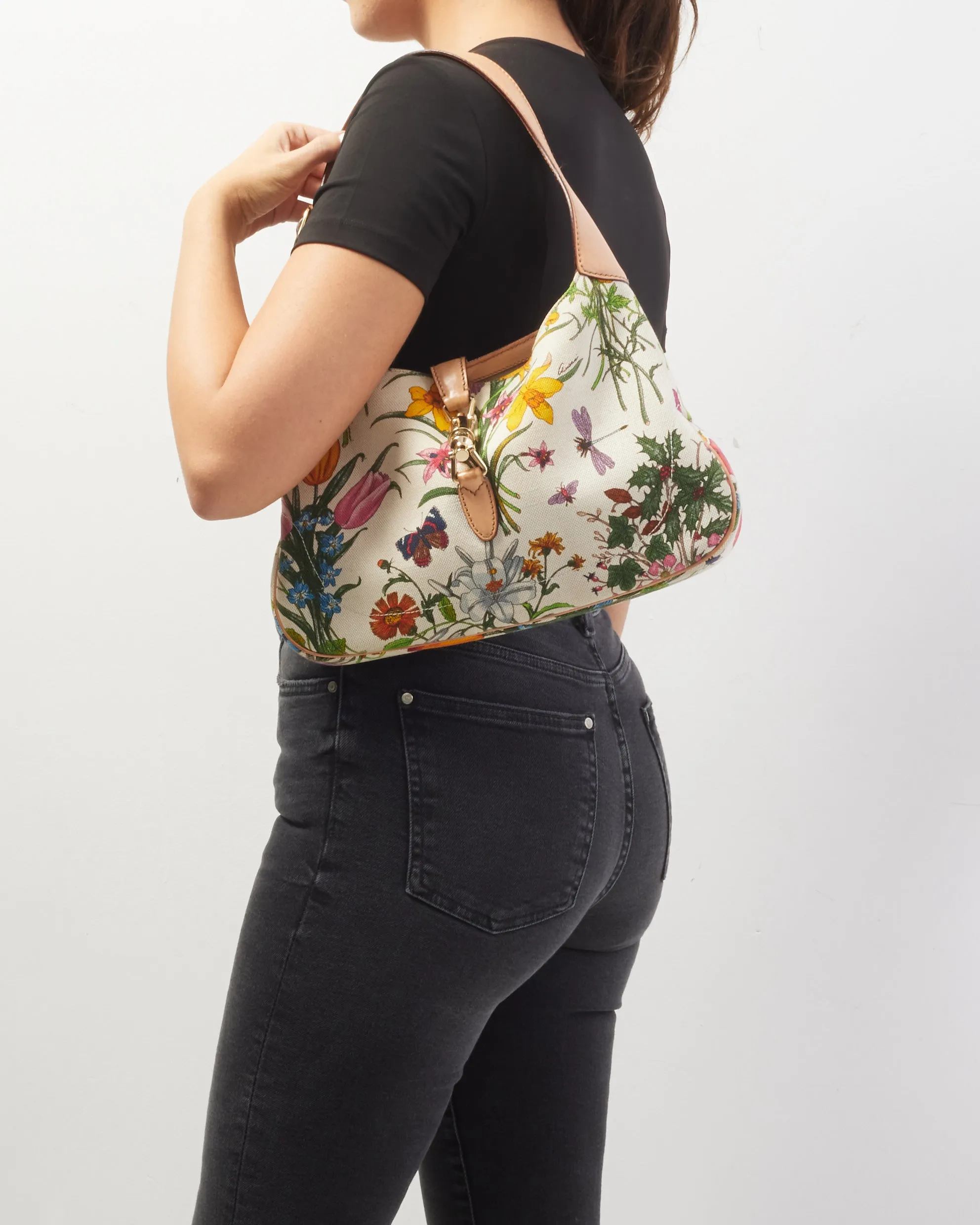 Gucci White Multi Floral Canvas Jackie Shoulder Bag