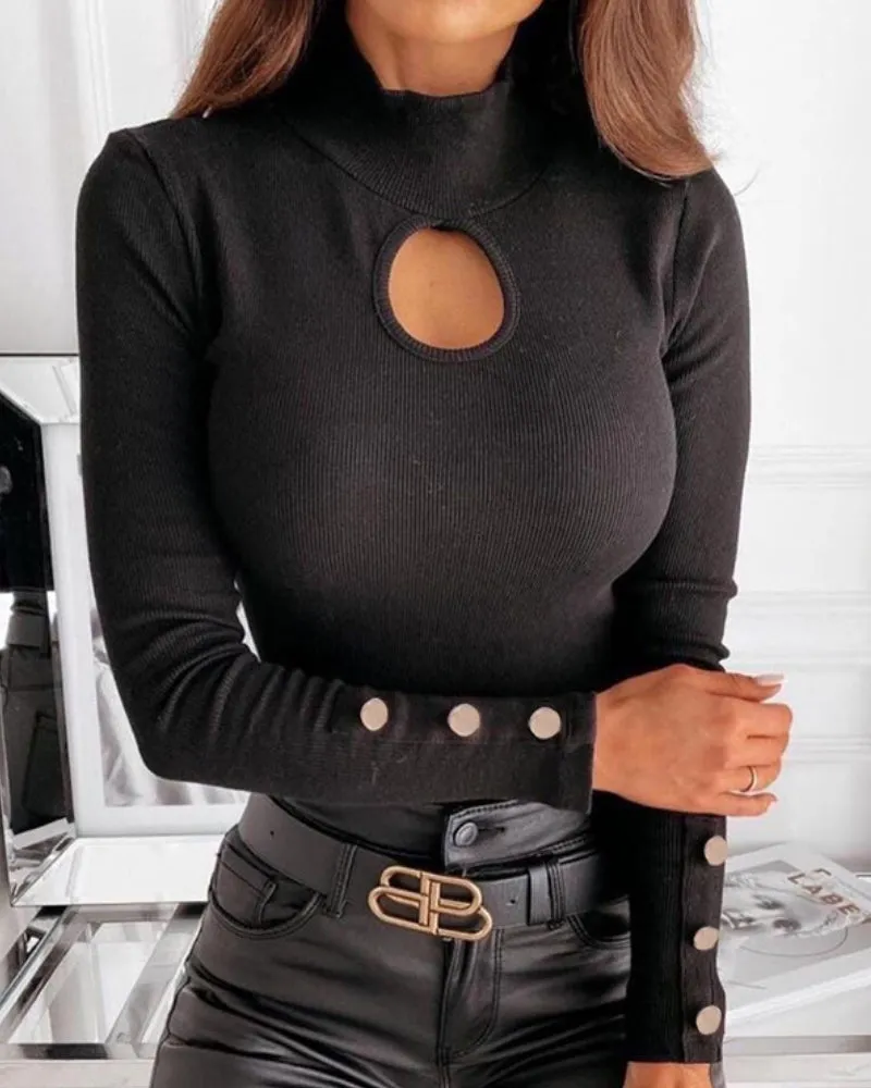 High-collared Hollow-out Button Sleeve Knit Shirts