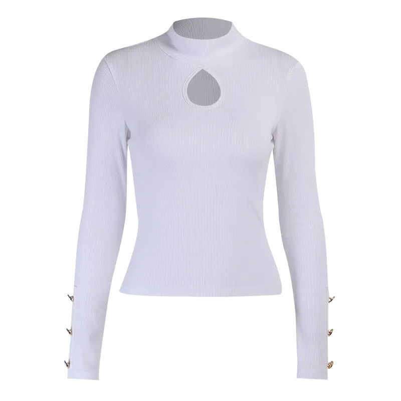 High-collared Hollow-out Button Sleeve Knit Shirts