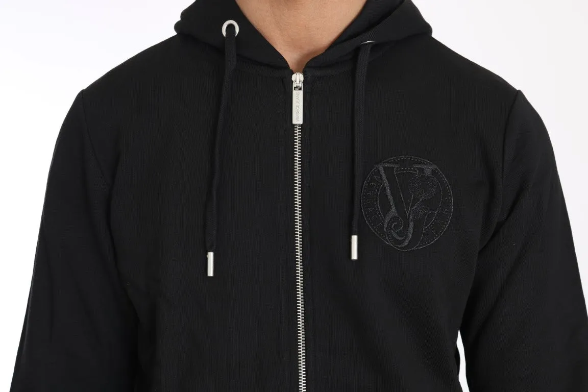 Hooded Black Cotton Full Zipper Sweater