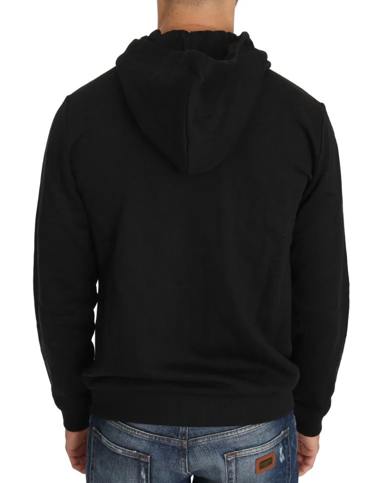 Hooded Black Cotton Full Zipper Sweater