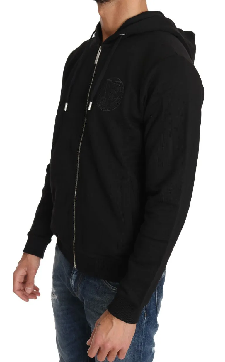 Hooded Black Cotton Full Zipper Sweater