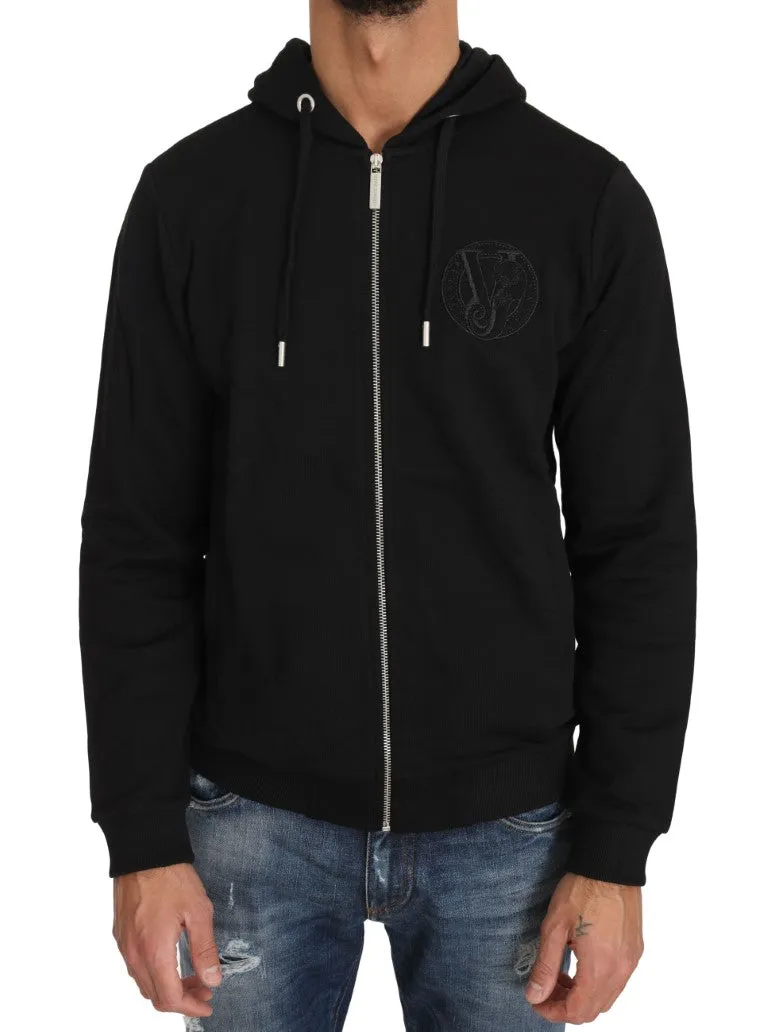 Hooded Black Cotton Full Zipper Sweater
