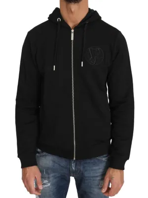 Hooded Black Cotton Full Zipper Sweater
