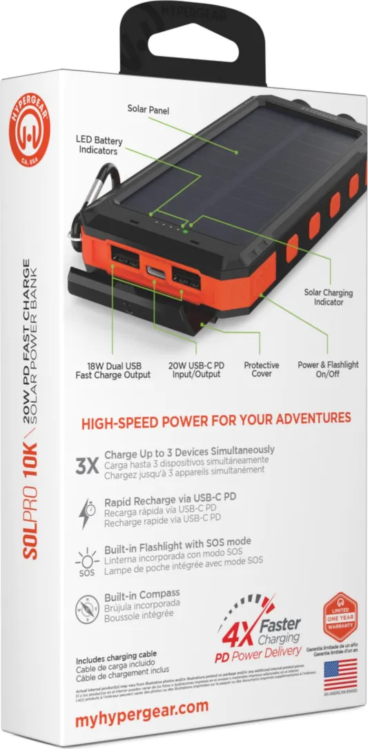 Hypergear 10000mAh SolPro 20W Solar Rugged IPX5 Power Bank w/ Compass   Flashlight