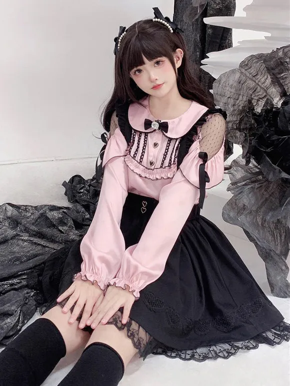 Jirai Kei Top Blouses Bows Ruffles Lolita Top Long Sleeves Blouse Pink Sweet Lolita Shirt