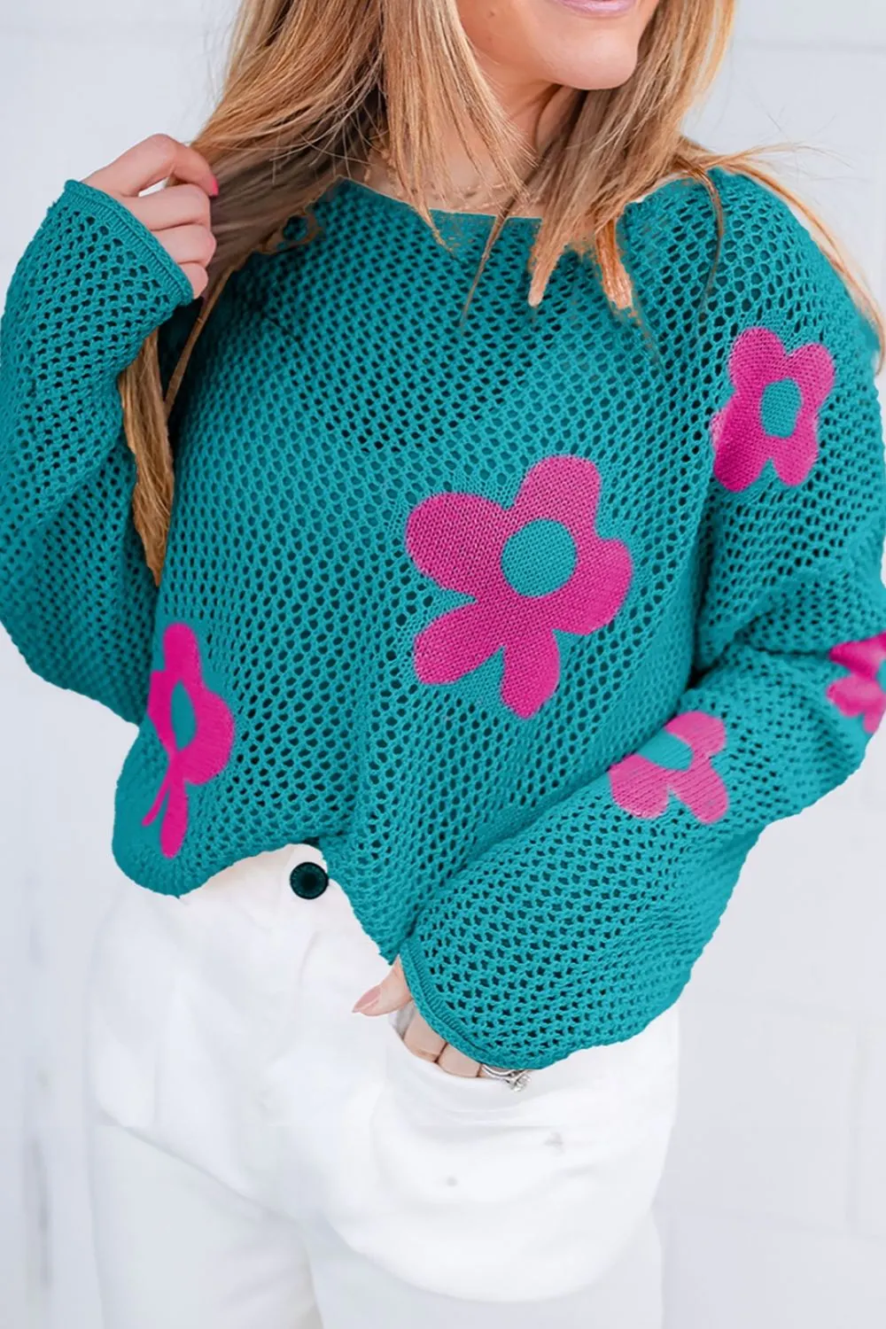 Journee Flower Boat Neck Long Sleeve Knit Cover Up