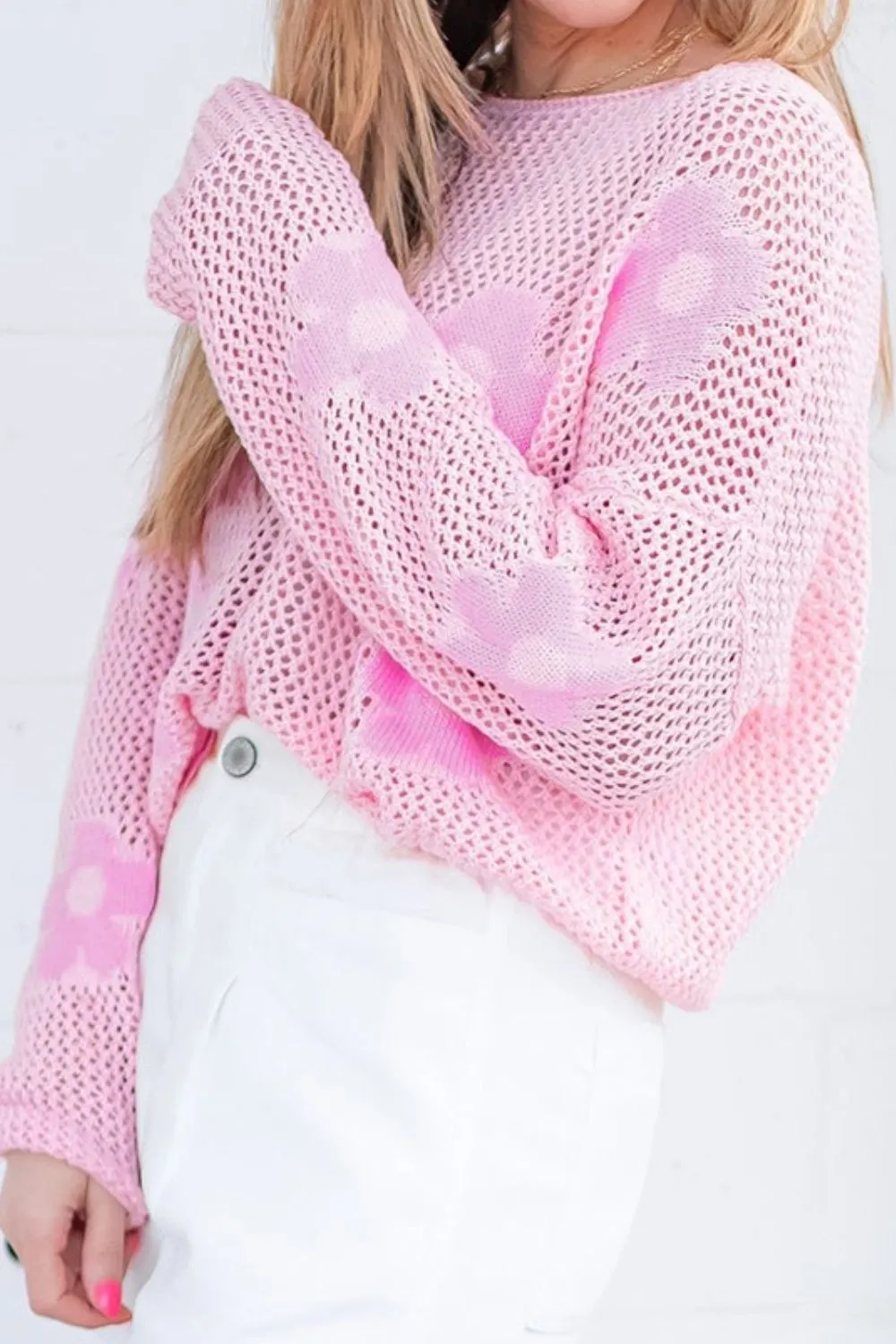 Journee Flower Boat Neck Long Sleeve Knit Cover Up