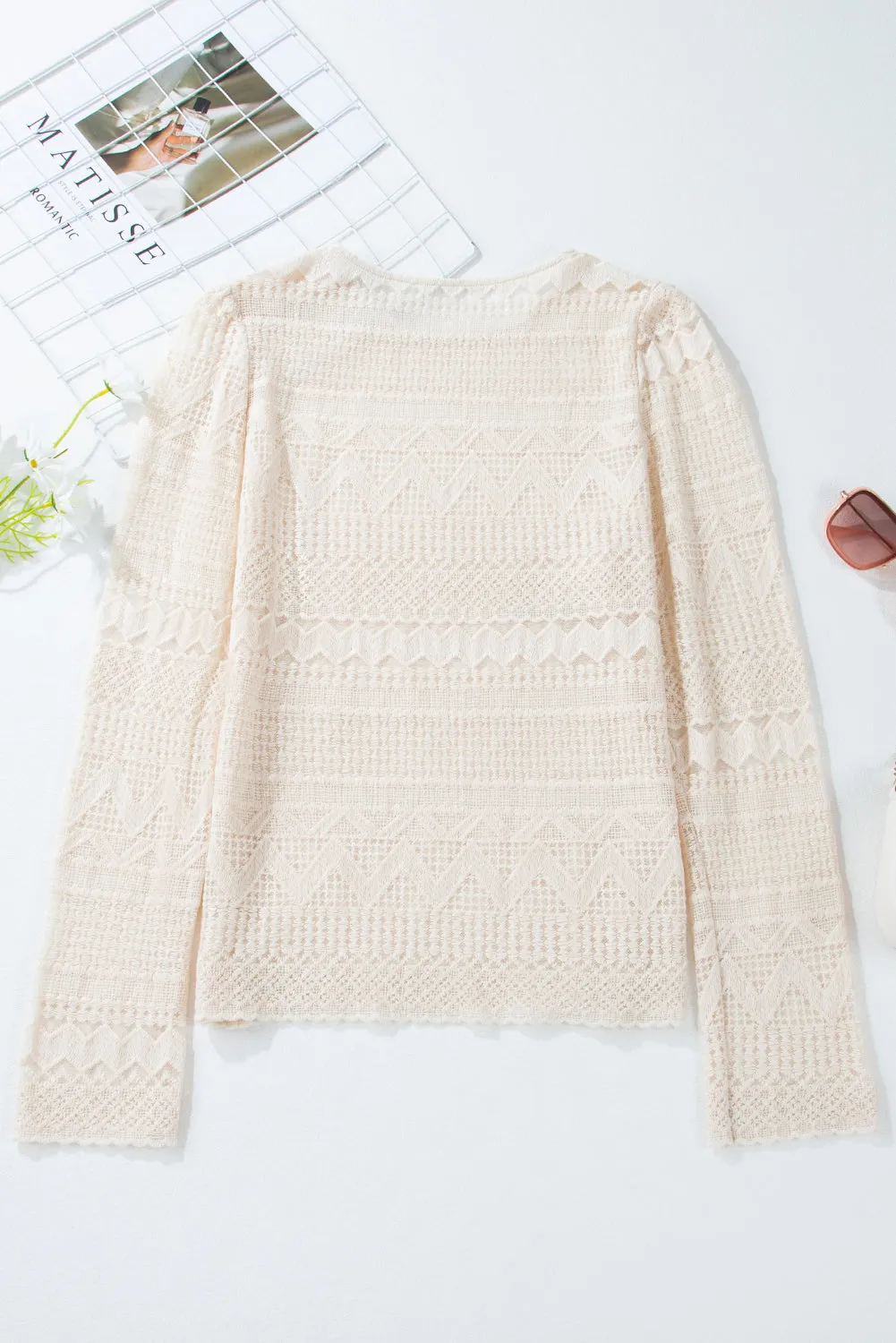 KaleaBoutique Geometric Lace Buttoned Decor Long Sleeve Blouse
