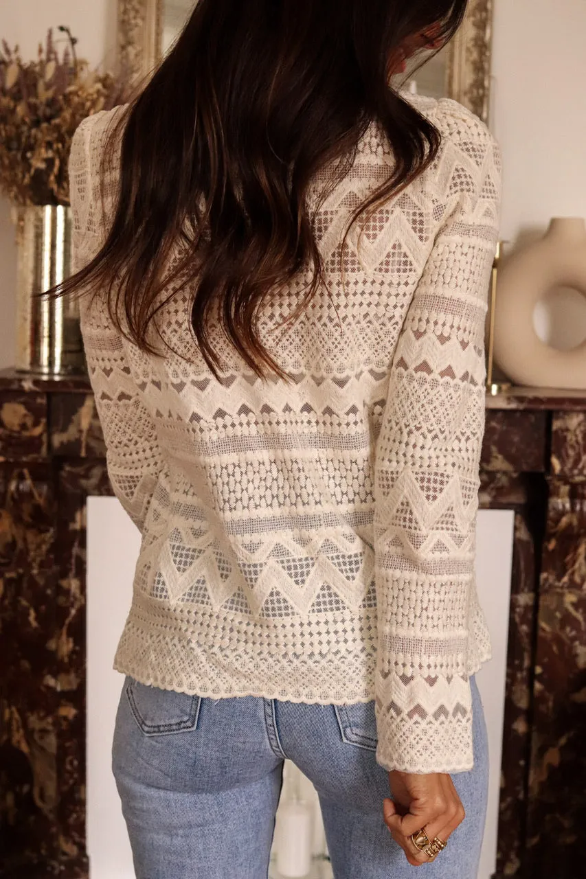 KaleaBoutique Geometric Lace Buttoned Decor Long Sleeve Blouse