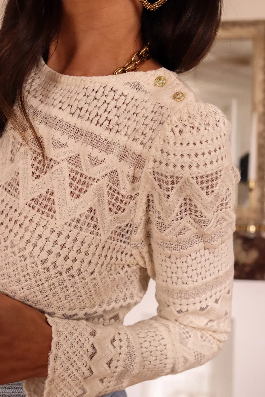 KaleaBoutique Geometric Lace Buttoned Decor Long Sleeve Blouse