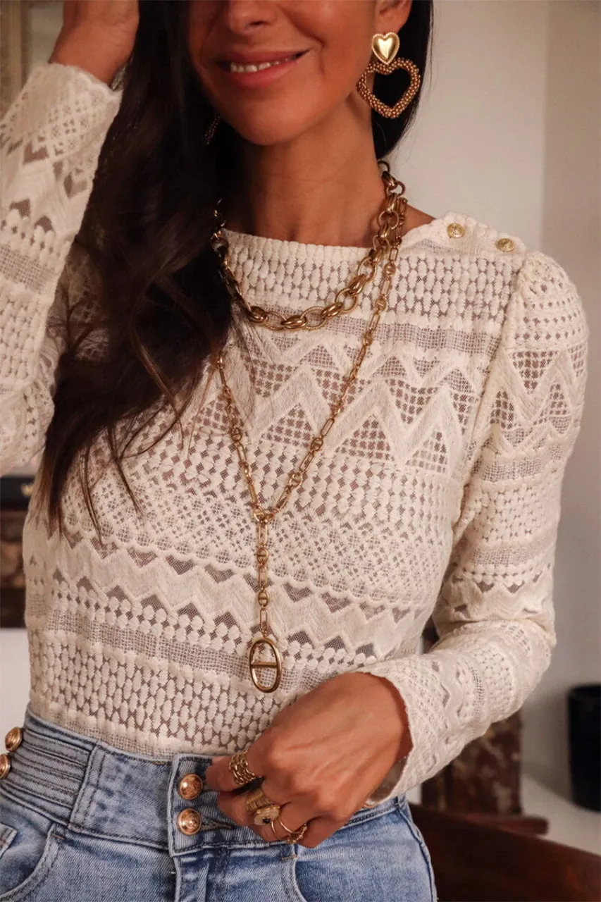 KaleaBoutique Geometric Lace Buttoned Decor Long Sleeve Blouse
