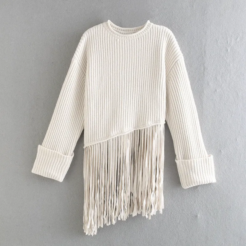 Knit Tassel Round Neck Irregular Hem Sweaters Blouses