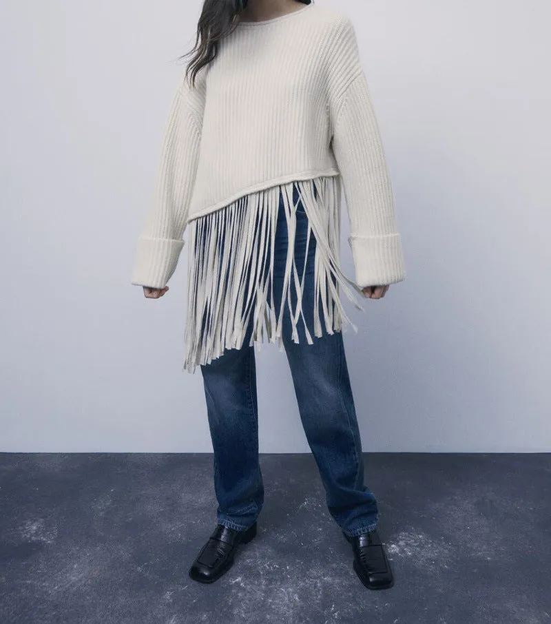 Knit Tassel Round Neck Irregular Hem Sweaters Blouses
