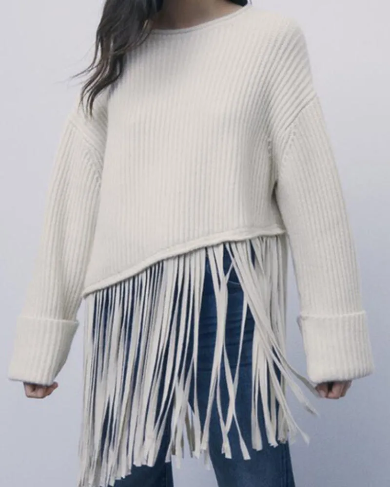 Knit Tassel Round Neck Irregular Hem Sweaters Blouses