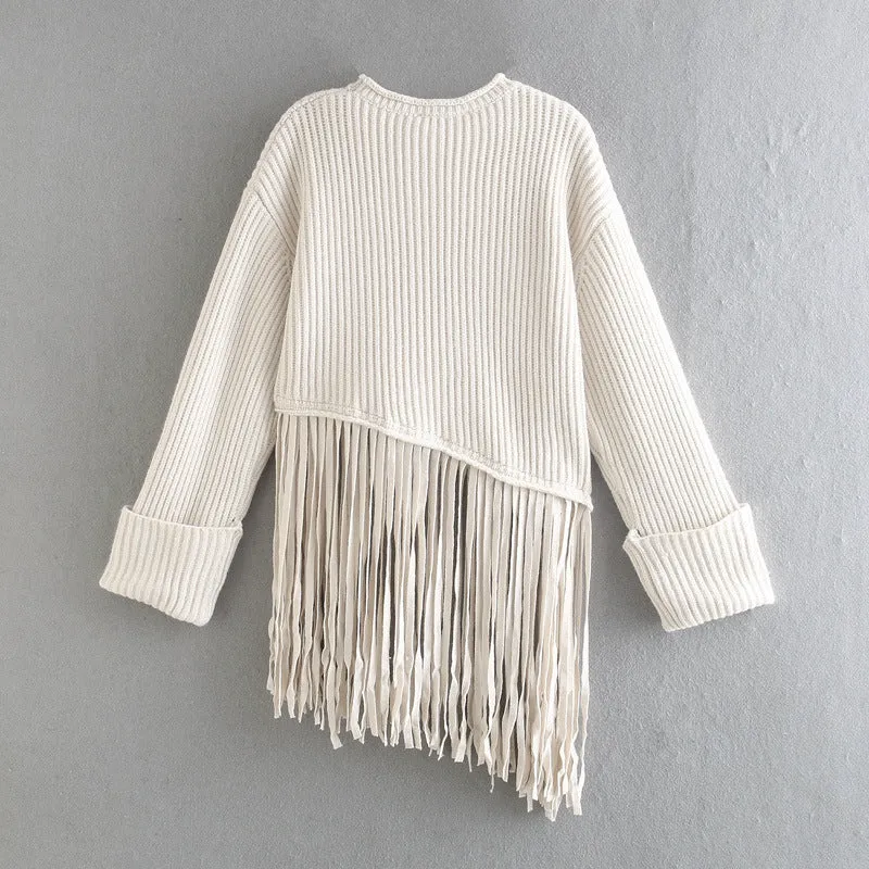 Knit Tassel Round Neck Irregular Hem Sweaters Blouses