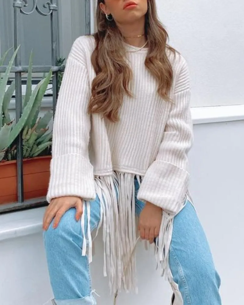 Knit Tassel Round Neck Irregular Hem Sweaters Blouses