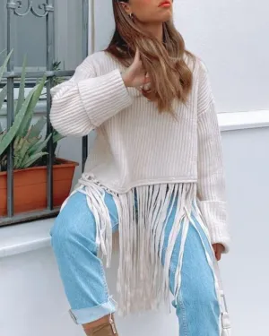 Knit Tassel Round Neck Irregular Hem Sweaters Blouses