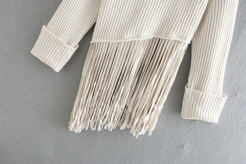 Knit Tassel Round Neck Irregular Hem Sweaters Blouses