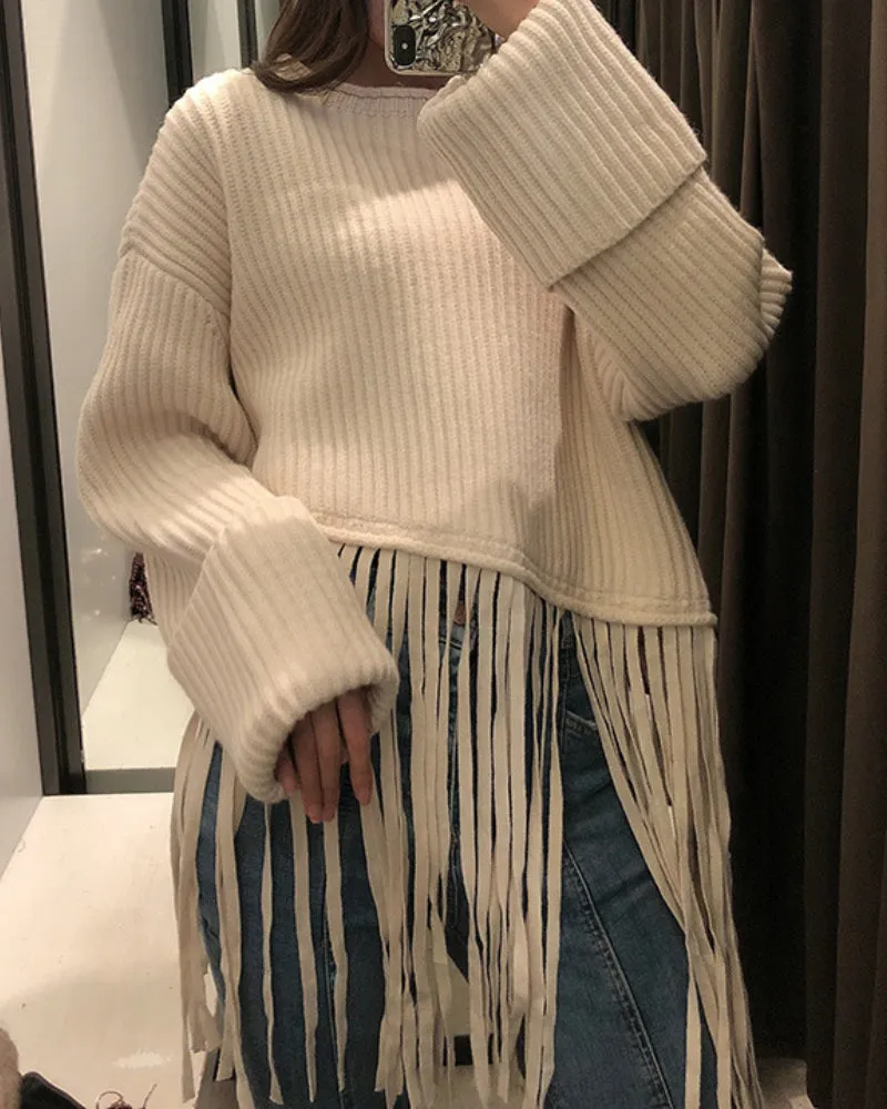Knit Tassel Round Neck Irregular Hem Sweaters Blouses