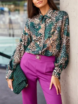 Ladies Chic Relaxed Print Comfortable Long Sleeve Blouse
