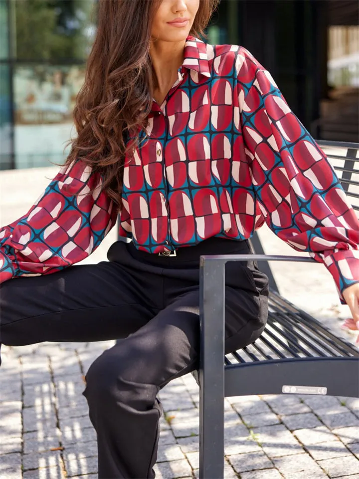 Ladies Chic Relaxed Print Comfortable Long Sleeve Blouse
