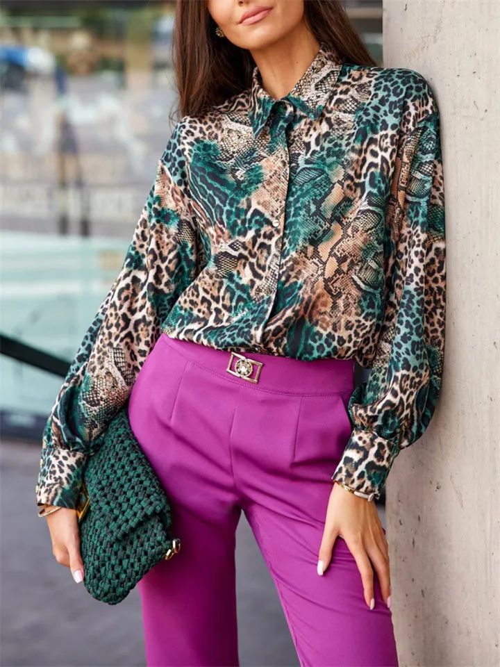 Ladies Chic Relaxed Print Comfortable Long Sleeve Blouse