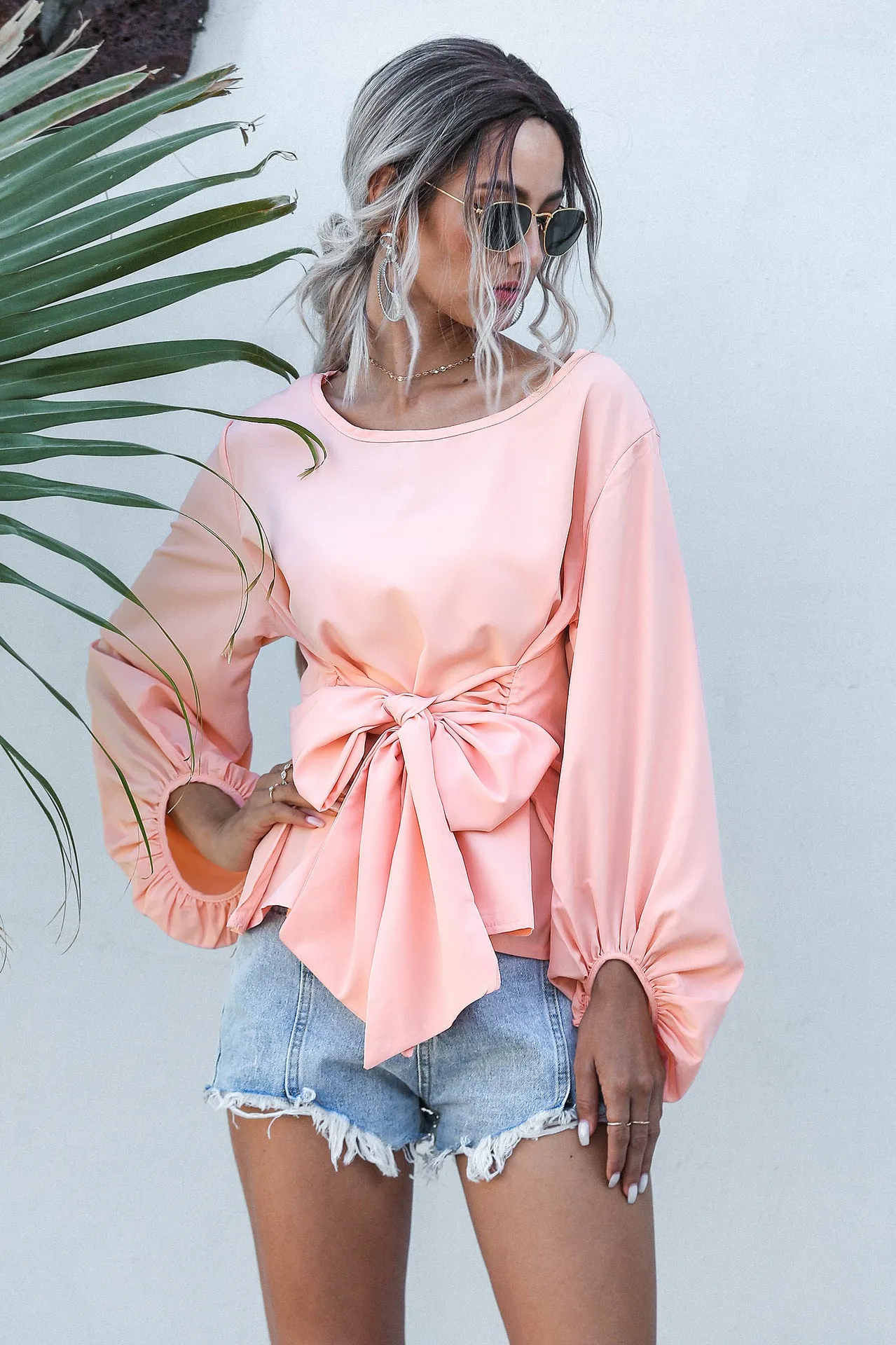 Lantern Sleeve Lace-up Tie Pink Chiffon Shirt