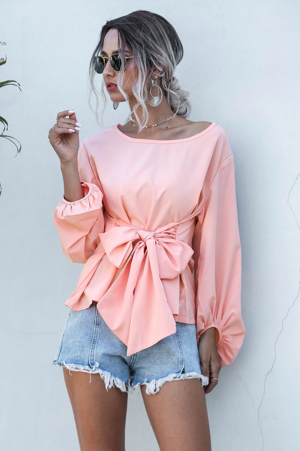 Lantern Sleeve Lace-up Tie Pink Chiffon Shirt