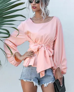 Lantern Sleeve Lace-up Tie Pink Chiffon Shirt