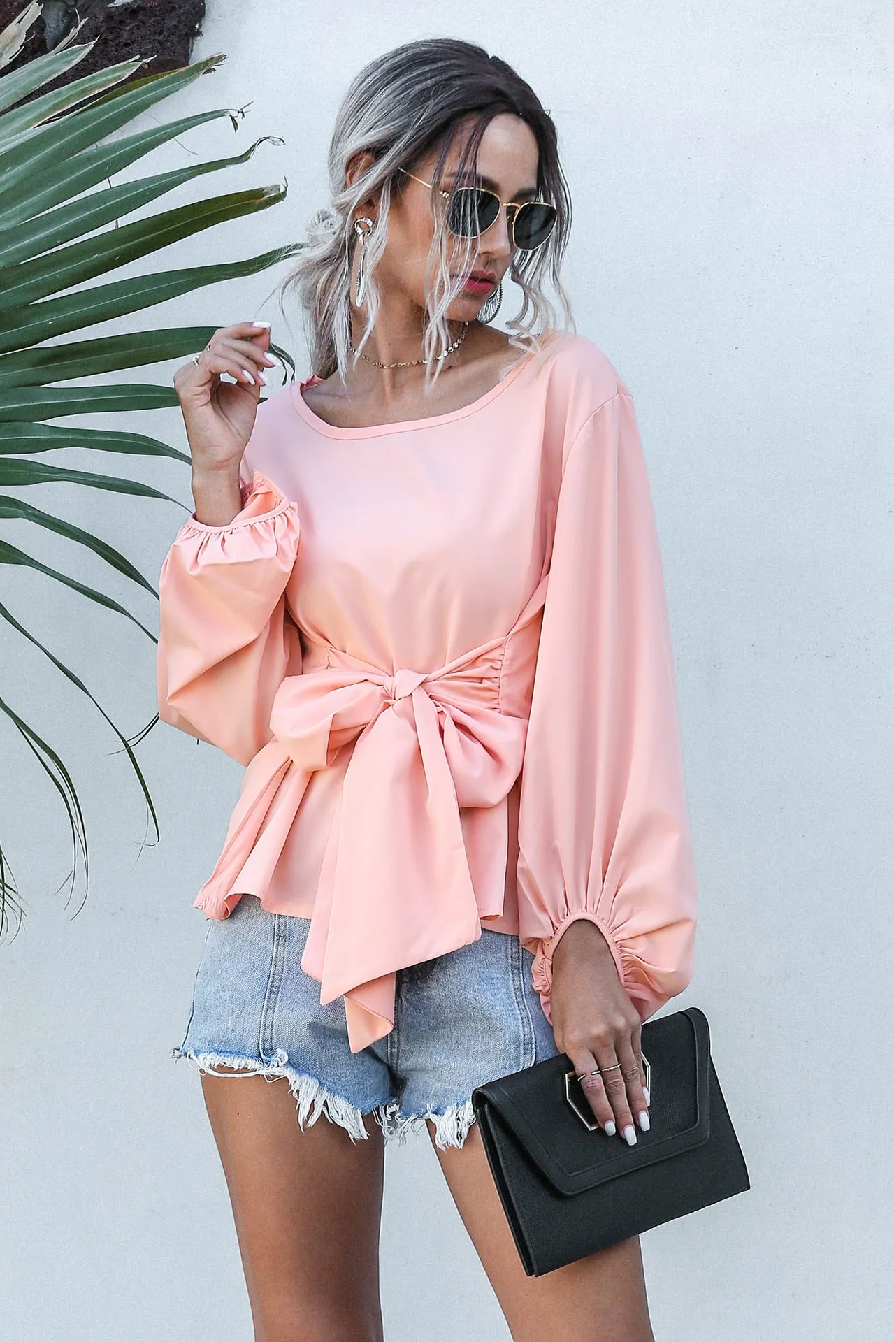Lantern Sleeve Lace-up Tie Pink Chiffon Shirt