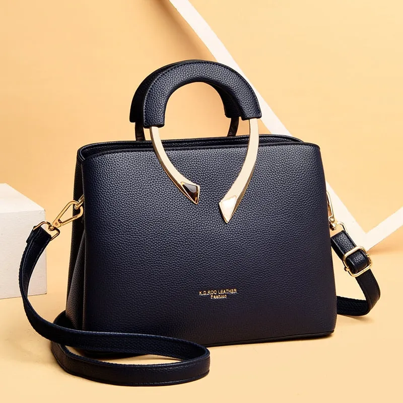 Leather Metal Handle Luxury Handbag Women