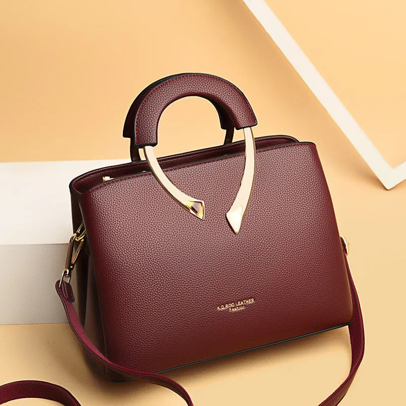 Leather Metal Handle Luxury Handbag Women