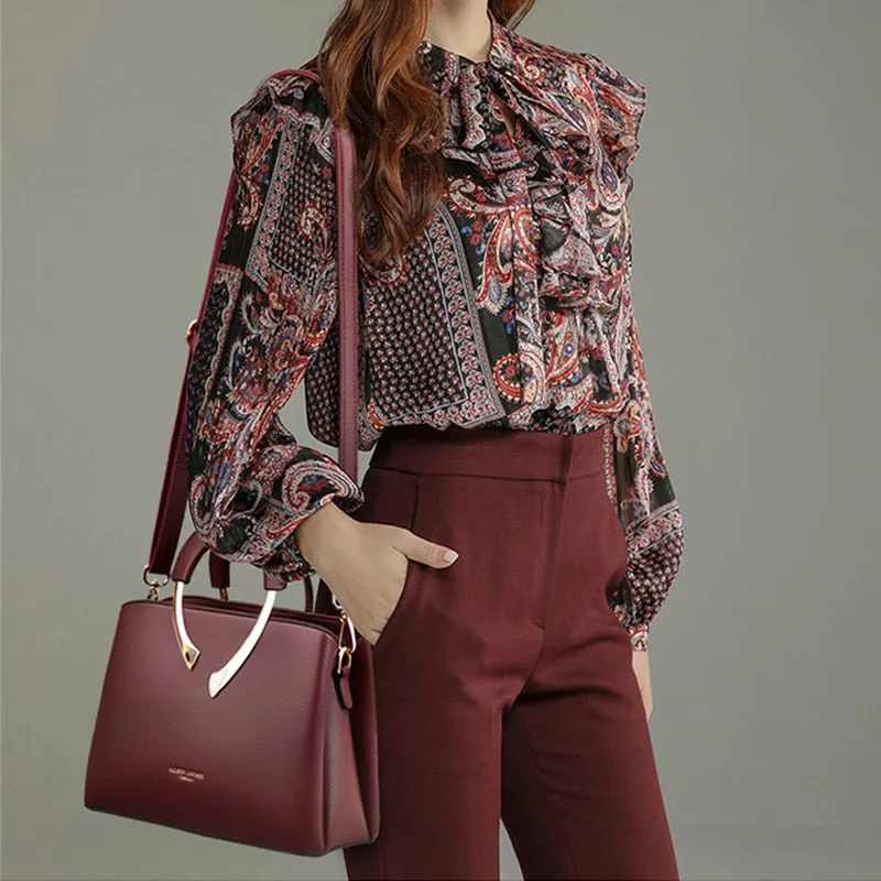 Leather Metal Handle Luxury Handbag Women